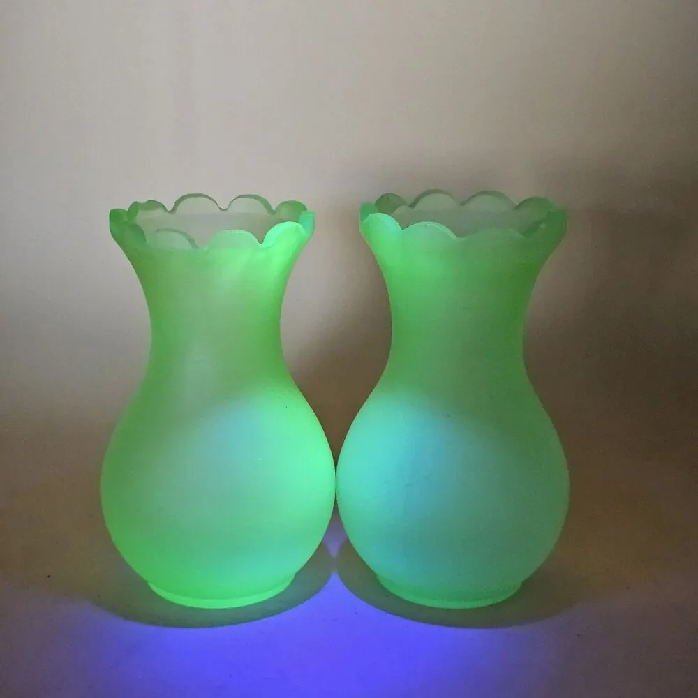 Vintage Viking Glass Frosted Green Uranium Glass Vases 6.25